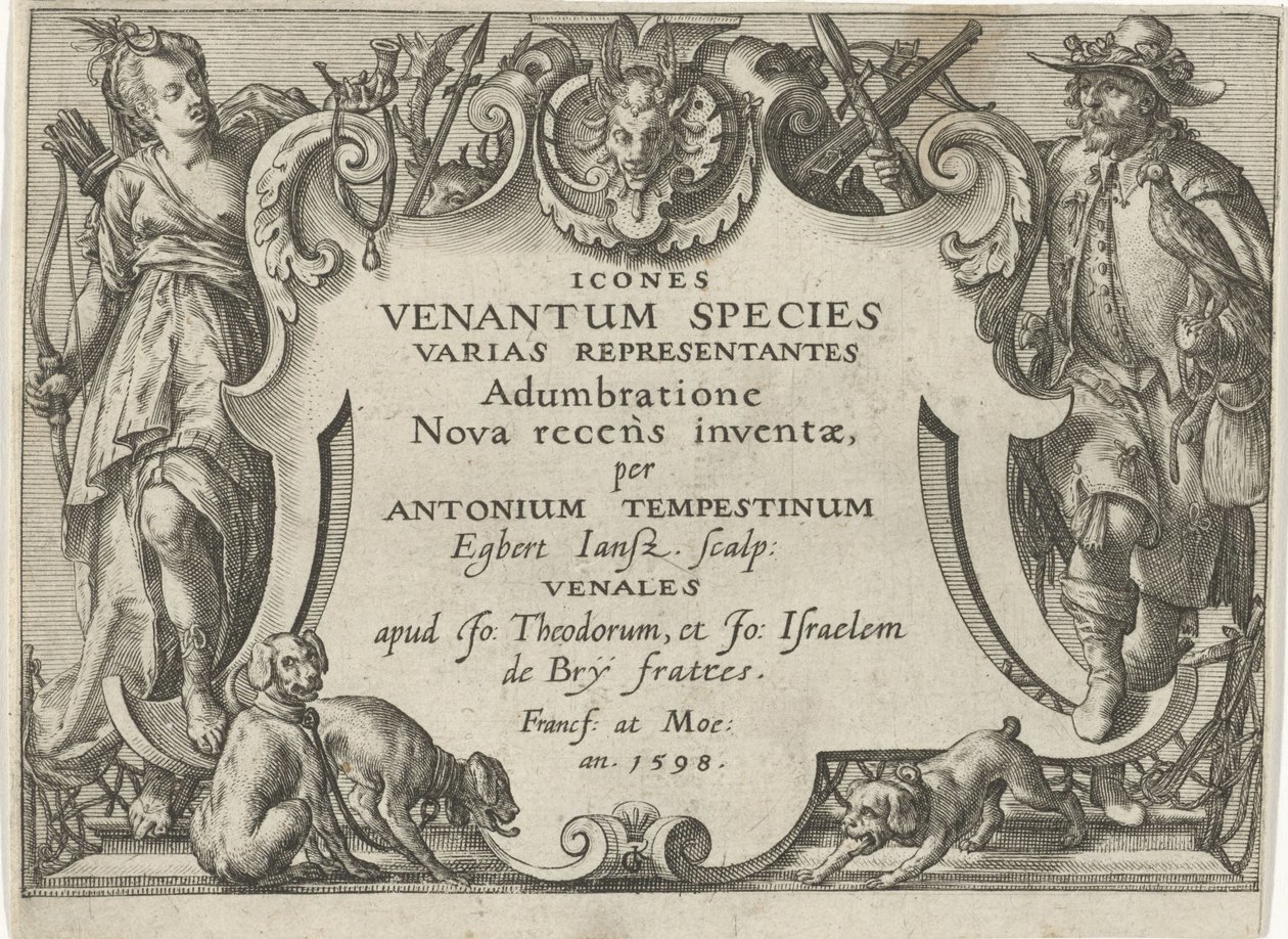 Impressão do título de uma série com cenas de caça Cenas de caça (título da série) Icones Venantum Species Varias Representantes (título da série no objeto) de Egbert Jansz.