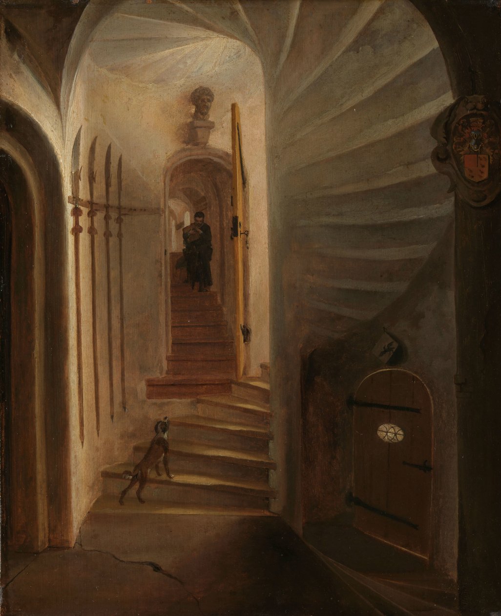 Portal de uma torre de escada, com um homem descendo as escadas: presumivelmente o momento antes do assassinato de William, o Silencioso no Prinsenhof, Delft de Egbert Lievensz. van der Poel (attributed to)