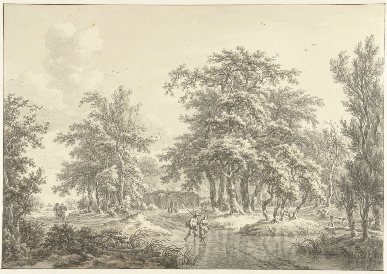 Paisagem repleta de árvores com alguns grupos de figuras de Egbert van Drielst