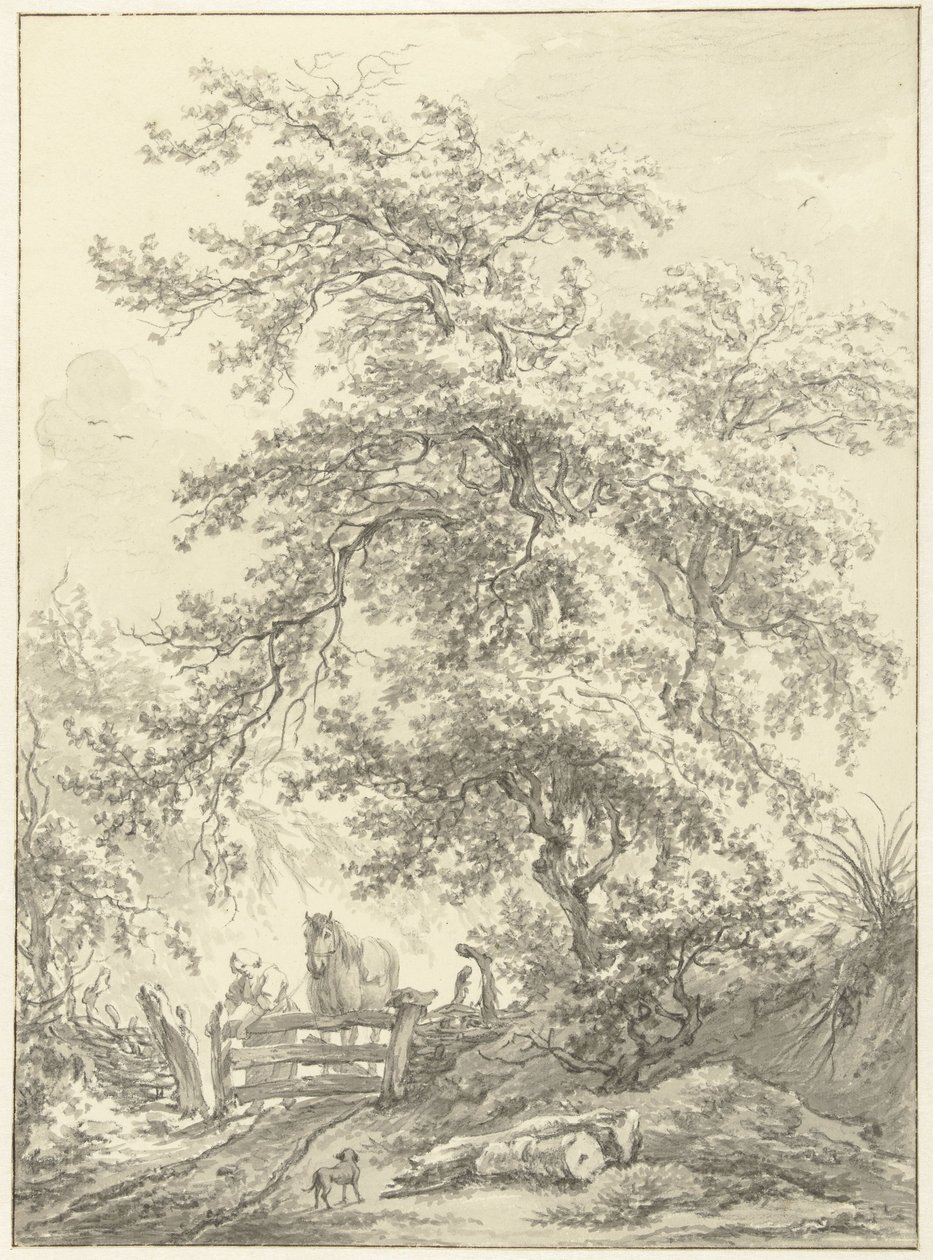 Mulher com cavalo na cerca sob grande árvore de Egbert van Drielst