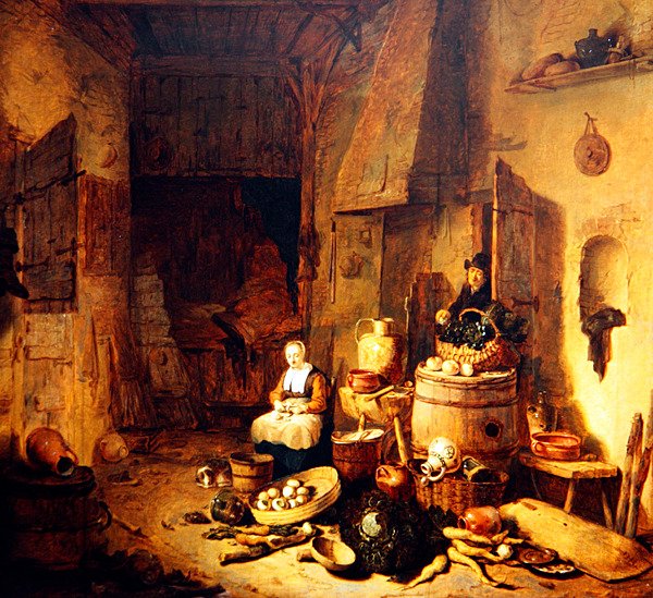 Um interior de cozinha com uma empregada de Egbert van der Poel