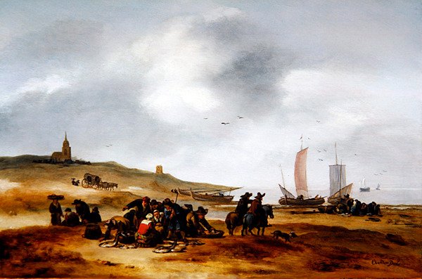Peixe exposto para venda na praia de Scheveningen (óleo sobre painel) de Egbert van der Poel