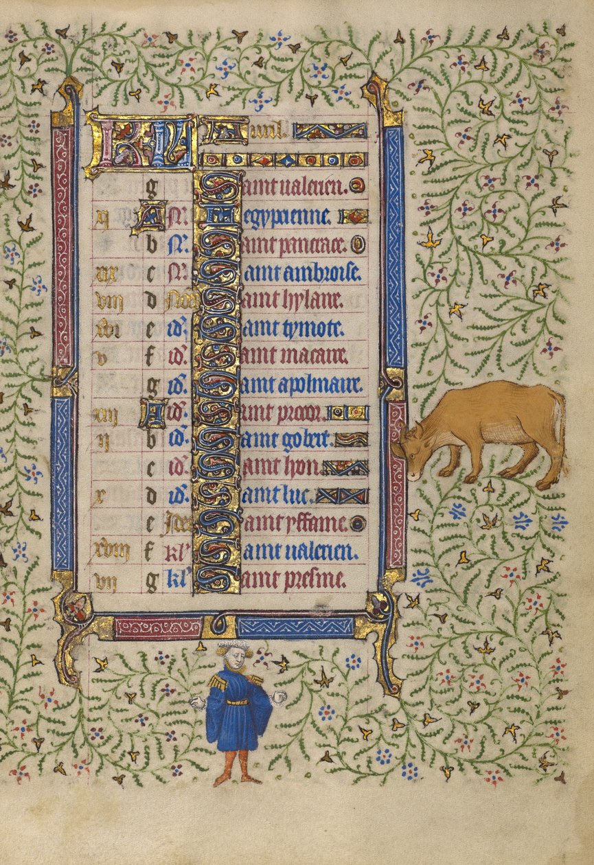 Página de calendário para abril; Apanhar flores; Touro de Egerton Master