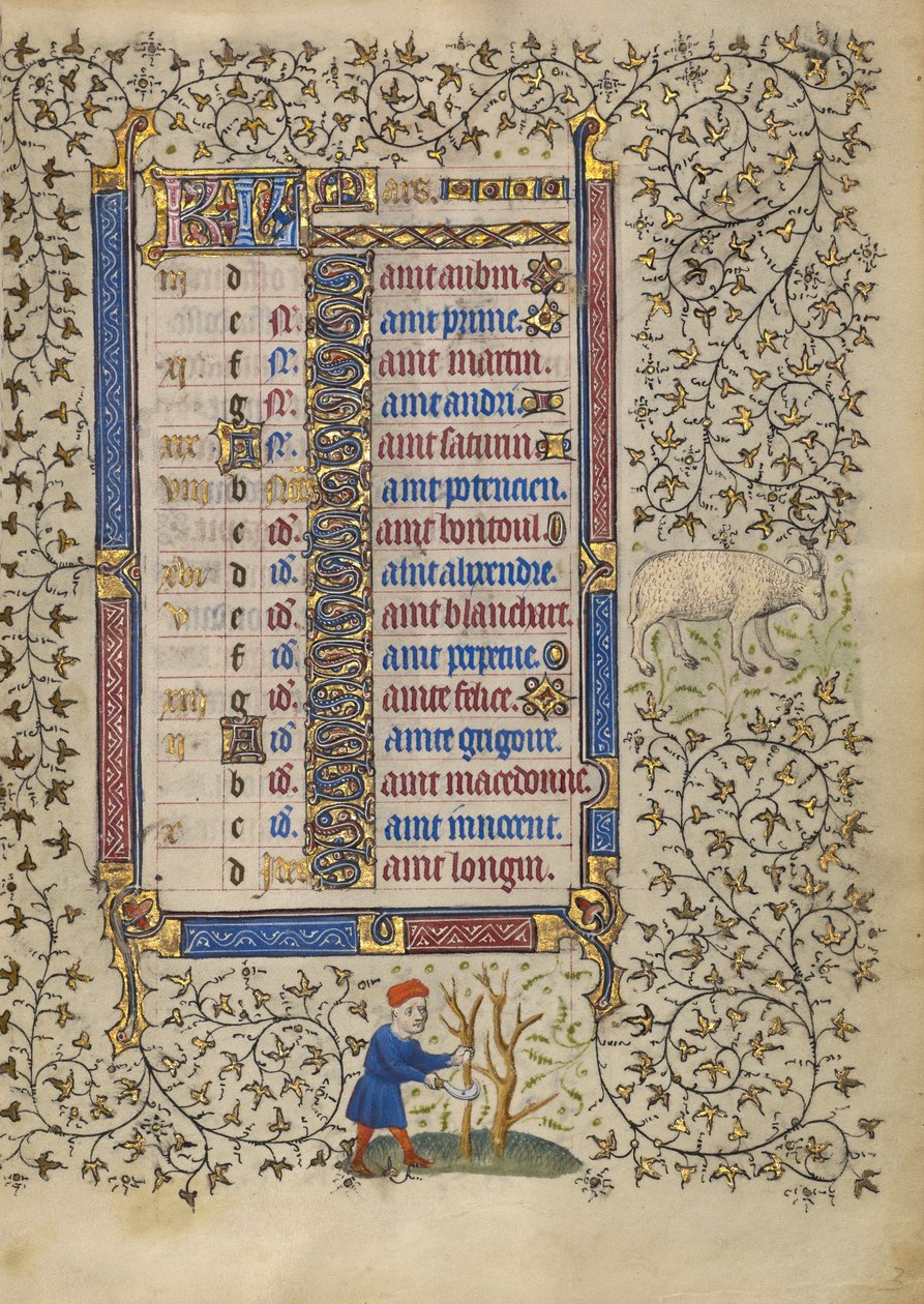Página do calendário para março; Poda das árvores; Carneiro de Egerton Master