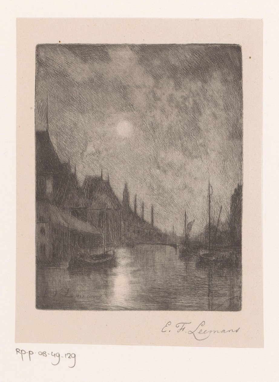 Vista do rio numa cidade à noite de Egide François Leemans (signed by artist)