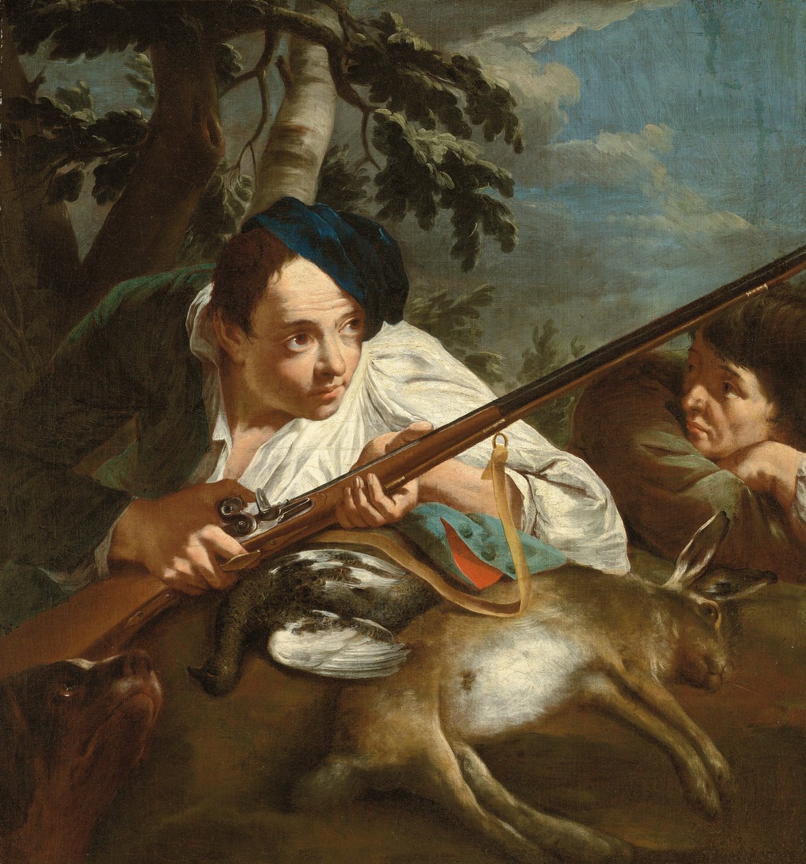 Caçadores descansando com caça morta numa paisagem arborizada, c.1705-84 (óleo sobre tela) de Egidio (attr.to) Dall