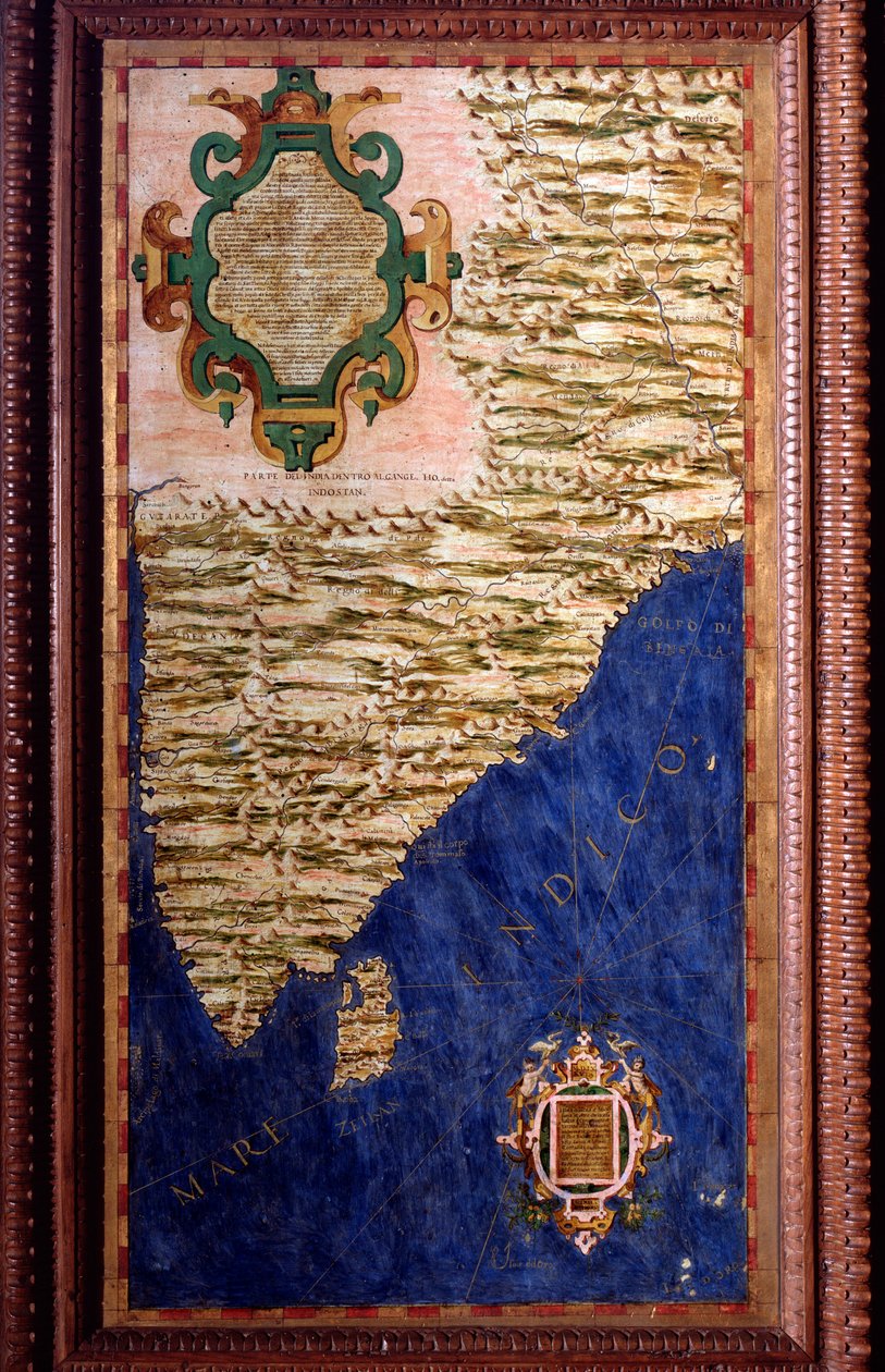 Mapa da Índia feito por Egnazio Danti (1536-1586) matemático, cosmógrafo e arquiteto italiano. Por volta de 1567. Florença, Palazzo Vecchio, Sala del Mappamondo de Egnazio Danti