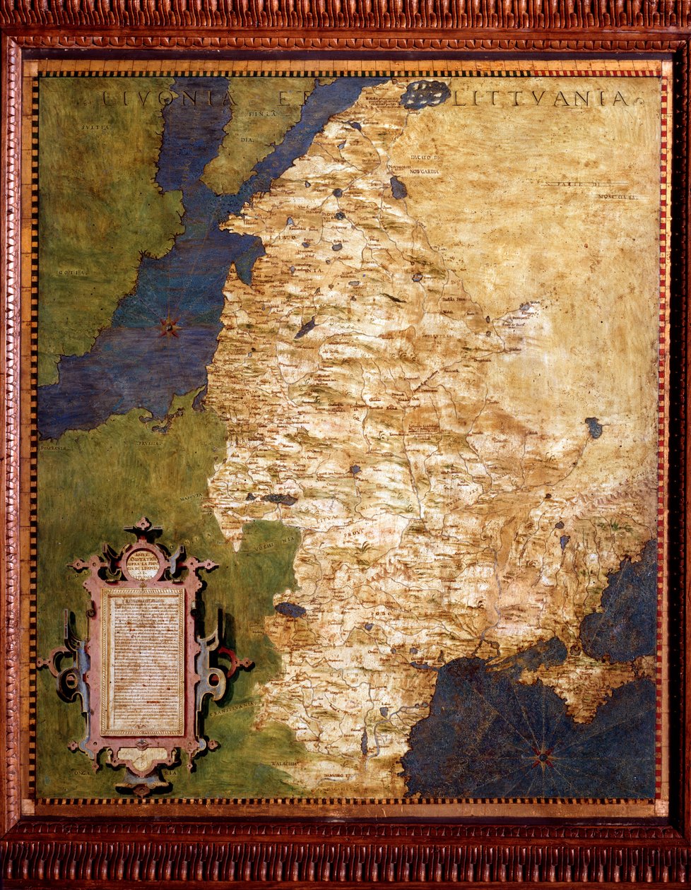 Livonia no Mar Báltico, e mapa da Lituânia por Egnazio Danti (1536-1586) matemático, cosmógrafo e arquiteto italiano. Por volta de 1567. Florença, Palazzo Vecchio, Sala del Mappamondo de Egnazio Danti