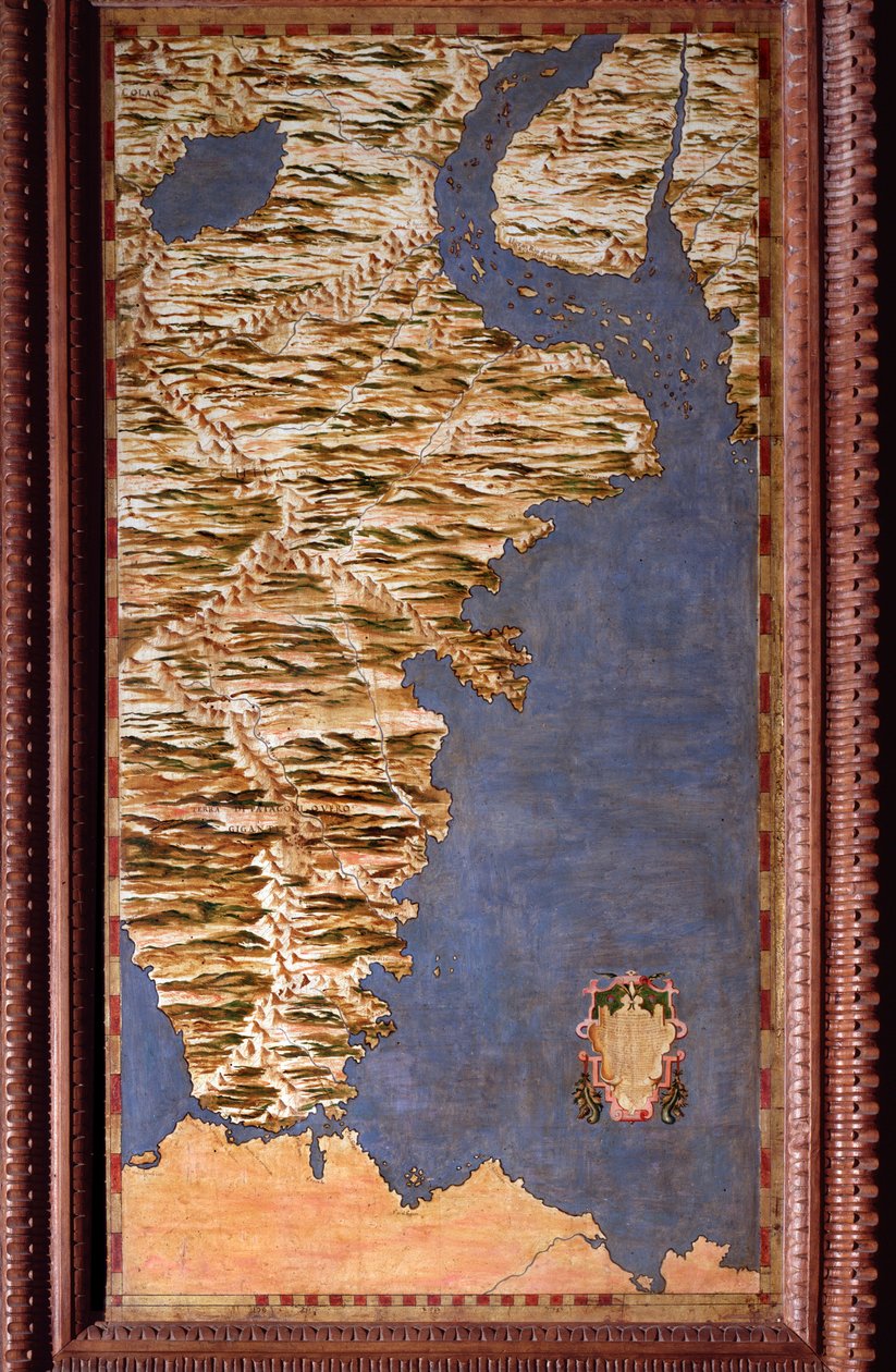 Mapa de Detroit de Magalhães feito por Egnazio Danti (1536-1586) matemático, cosmógrafo e arquitecto italiano. Por volta de 1567. Florença, Palazzo Vecchio, Sala del Mappamondo de Egnazio Danti