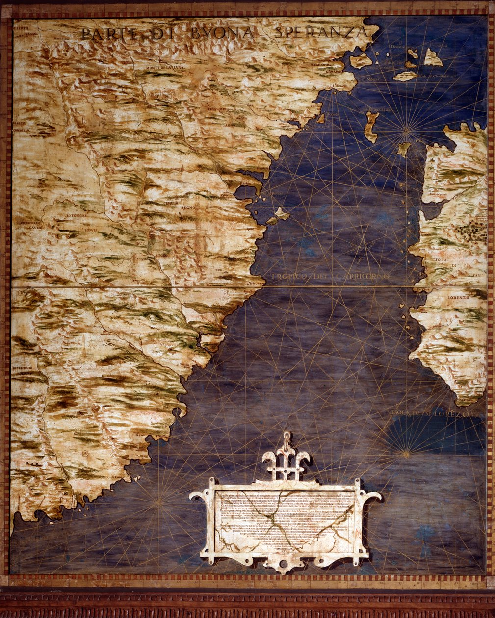 África do Sul e Cabo do Bom Esperança Mapa feito por Egnazio Danti (1536-1586) matemático, cosmógrafo e arquiteto italiano. Por volta de 1567. Florença, Palazzo Vecchio, Sala del Mappamondo de Egnazio Danti