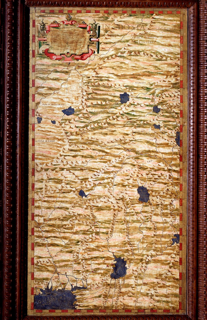 O Indostão (Indostão) no topo do Ganges Carte produzido por Egnazio Danti (1536-1586) matemático, cosmógrafo e arquiteto italiano. Por volta de 1567. Florença, Palazzo Vecchio, Sala del Mappamondo de Egnazio Danti