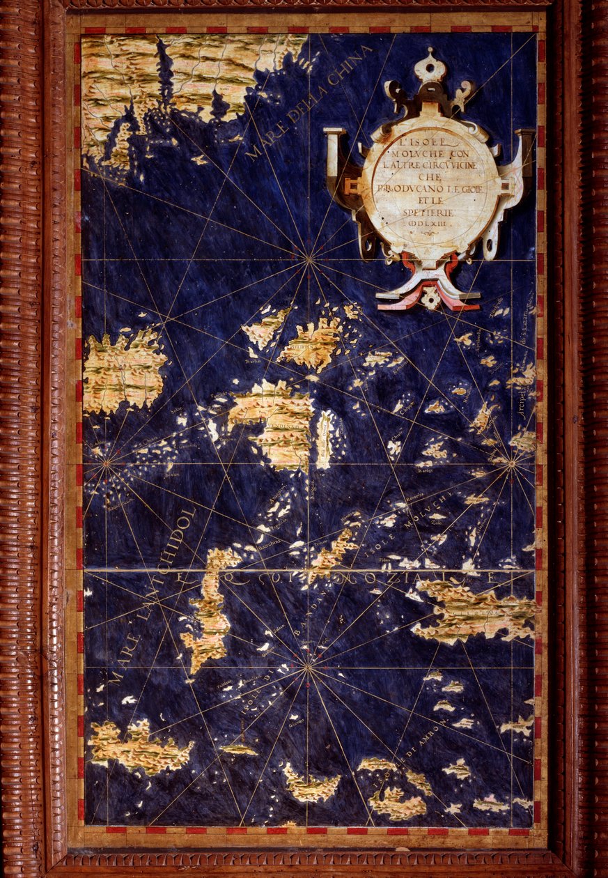 O Mapa das Ilhas Molucas feito por Egnazio Danti (1536-1586) matemático, cosmógrafo e arquiteto italiano. Por volta de 1567. Florença, Palazzo Vecchio, Sala del Mappamondo de Egnazio Danti