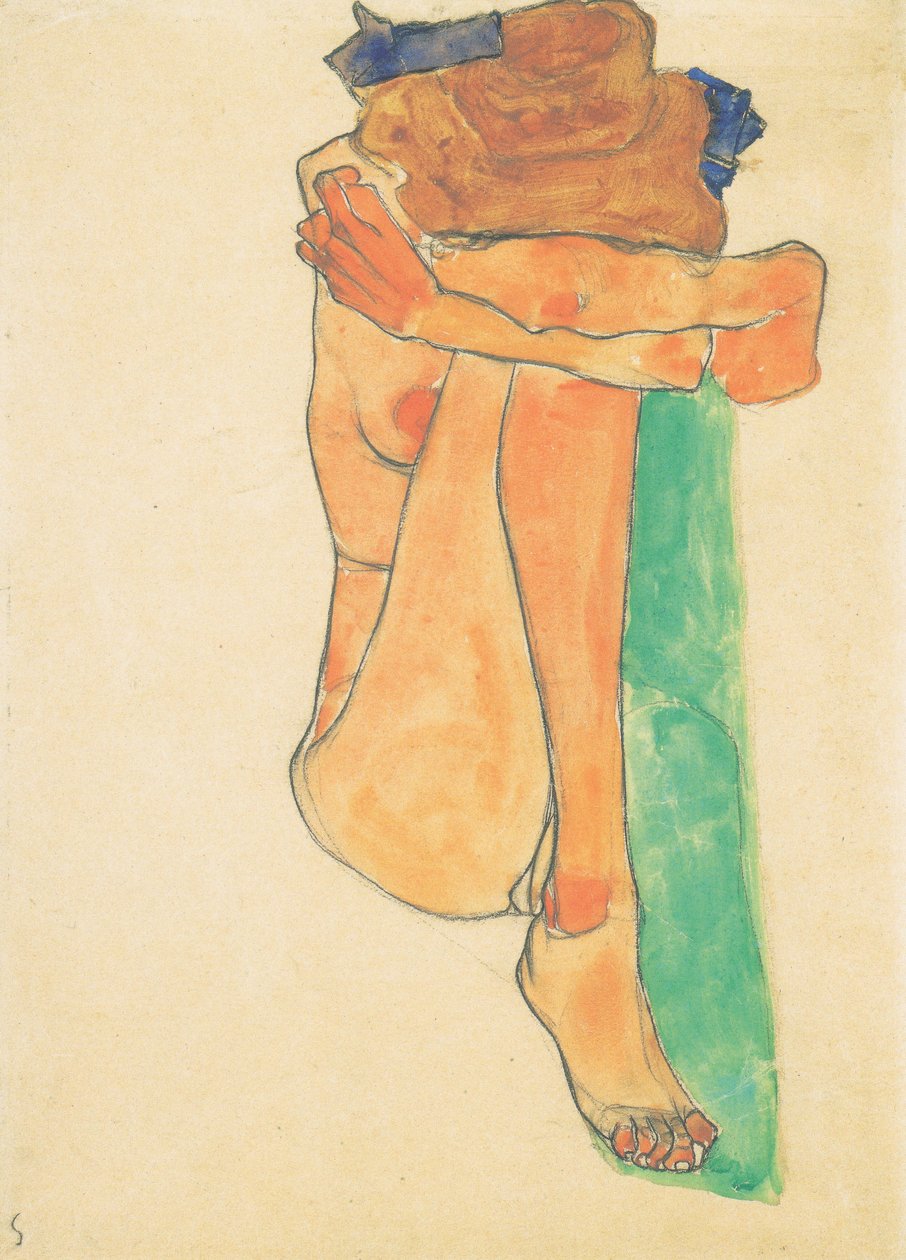 Nu feminino com acolchoamento verde de Egon Schiele