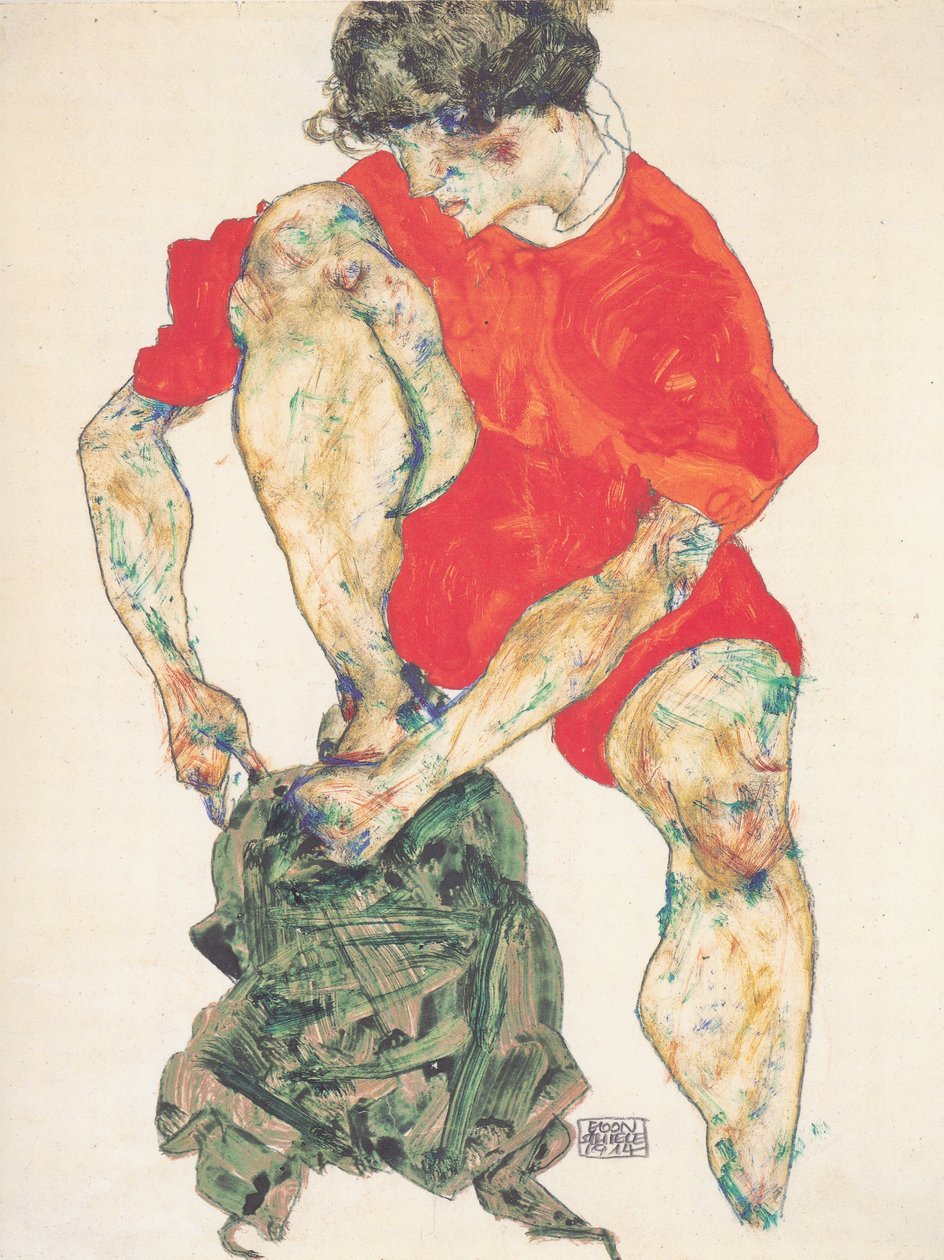 Modelo feminino no manto vermelho de Egon Schiele