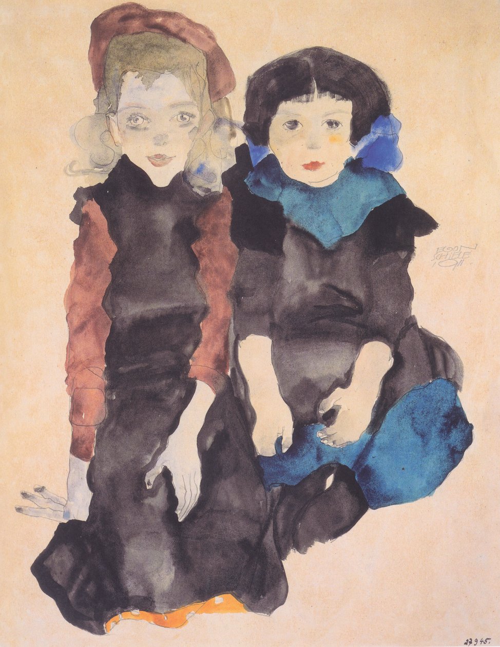 Duas garotas se encolhendo de Egon Schiele