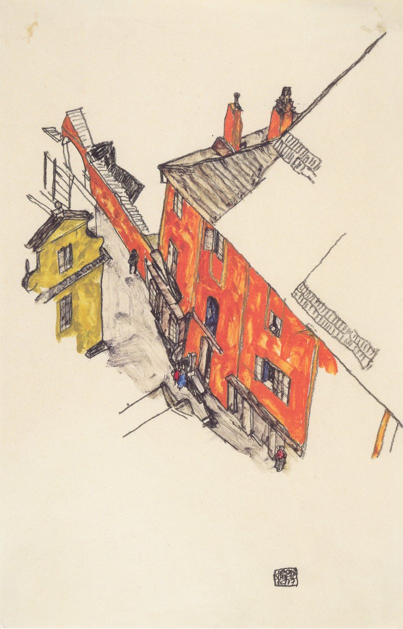 Antigas casas triangulares em Krumau de Schlossberg de Egon Schiele