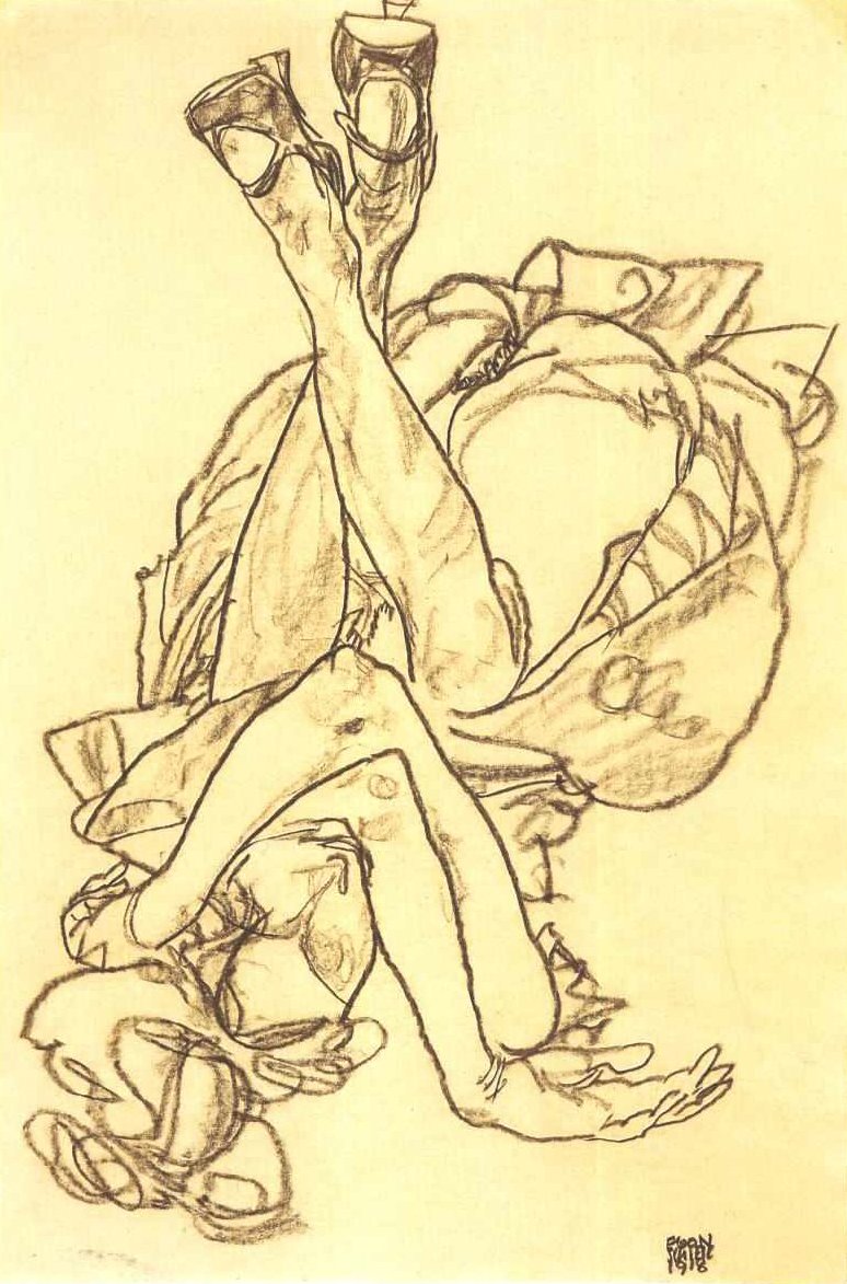 Menina, mentir costas, com, cruzado, braços pernas de Egon Schiele