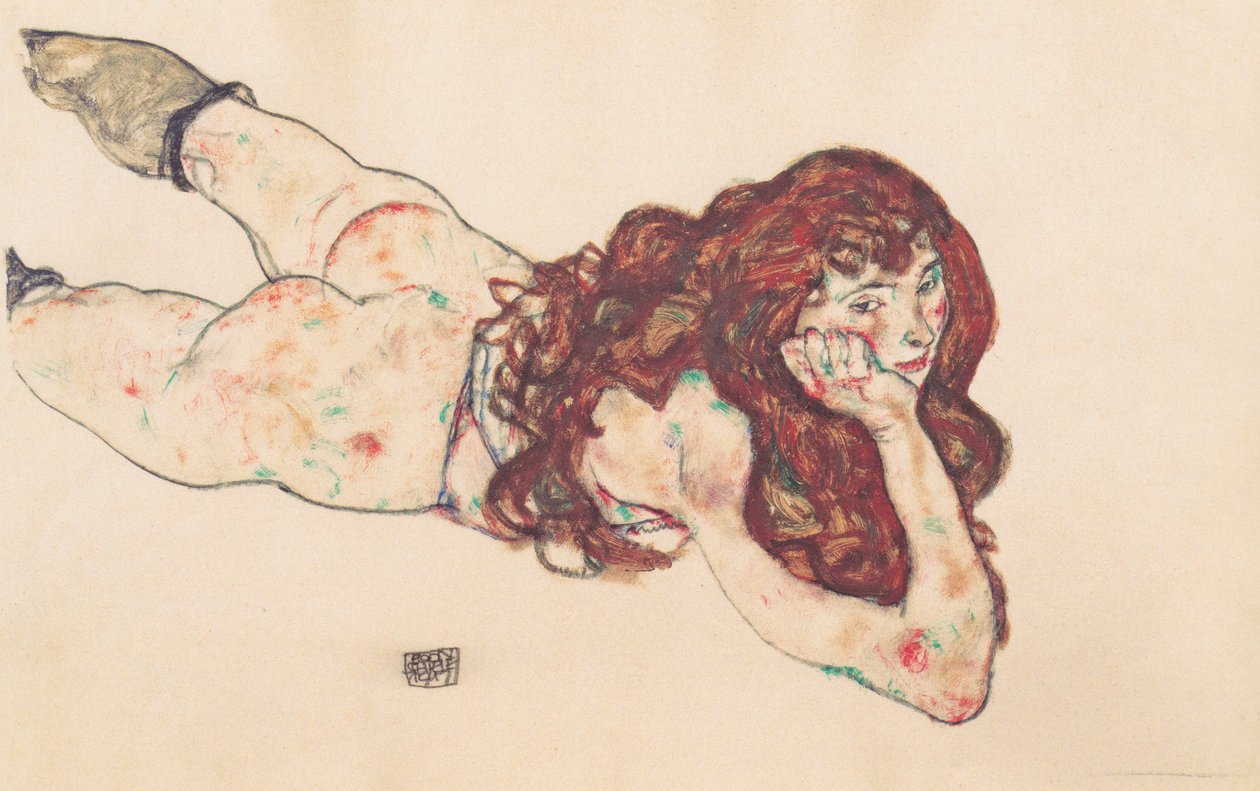 Na barriga deitado ato feminino de Egon Schiele