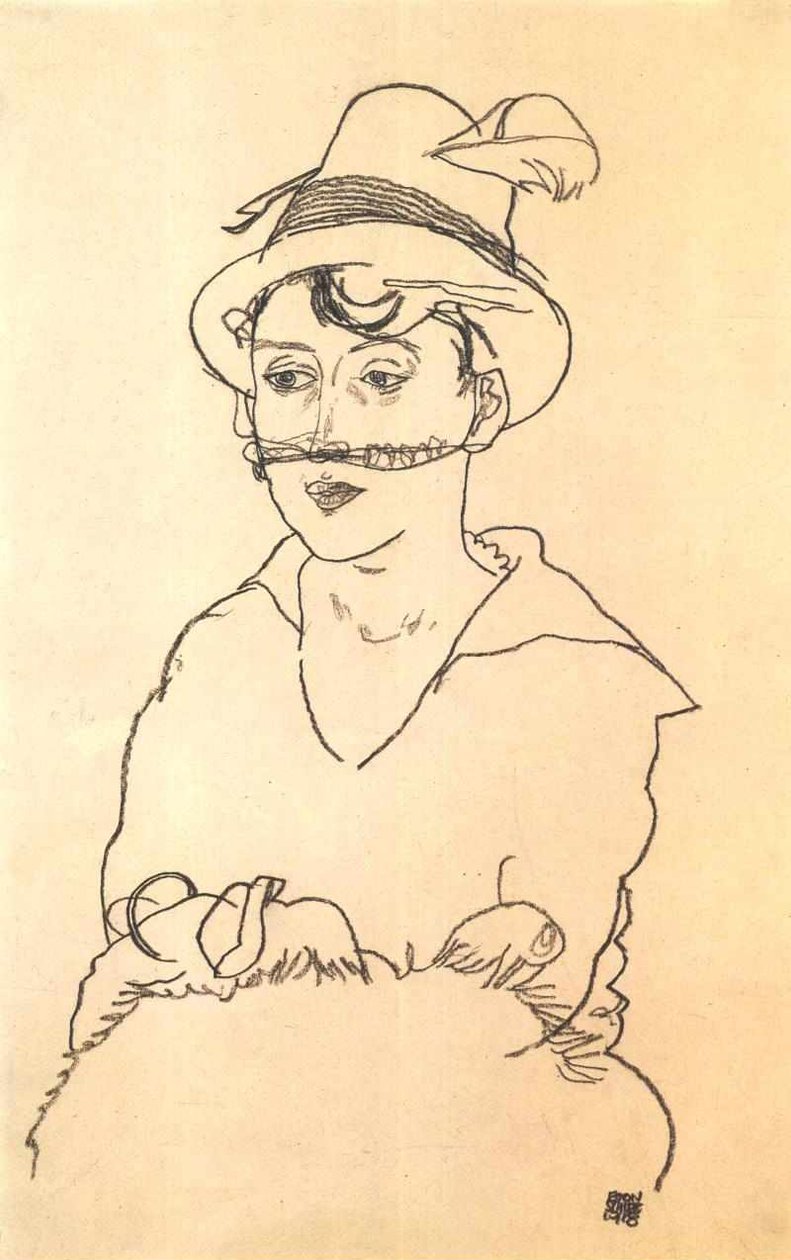 Senhora, com, chapéu, e, véu de Egon Schiele