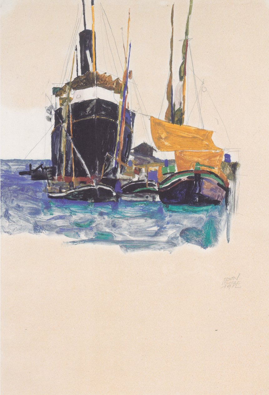 Steamer e veleiros no porto de Trieste de Egon Schiele