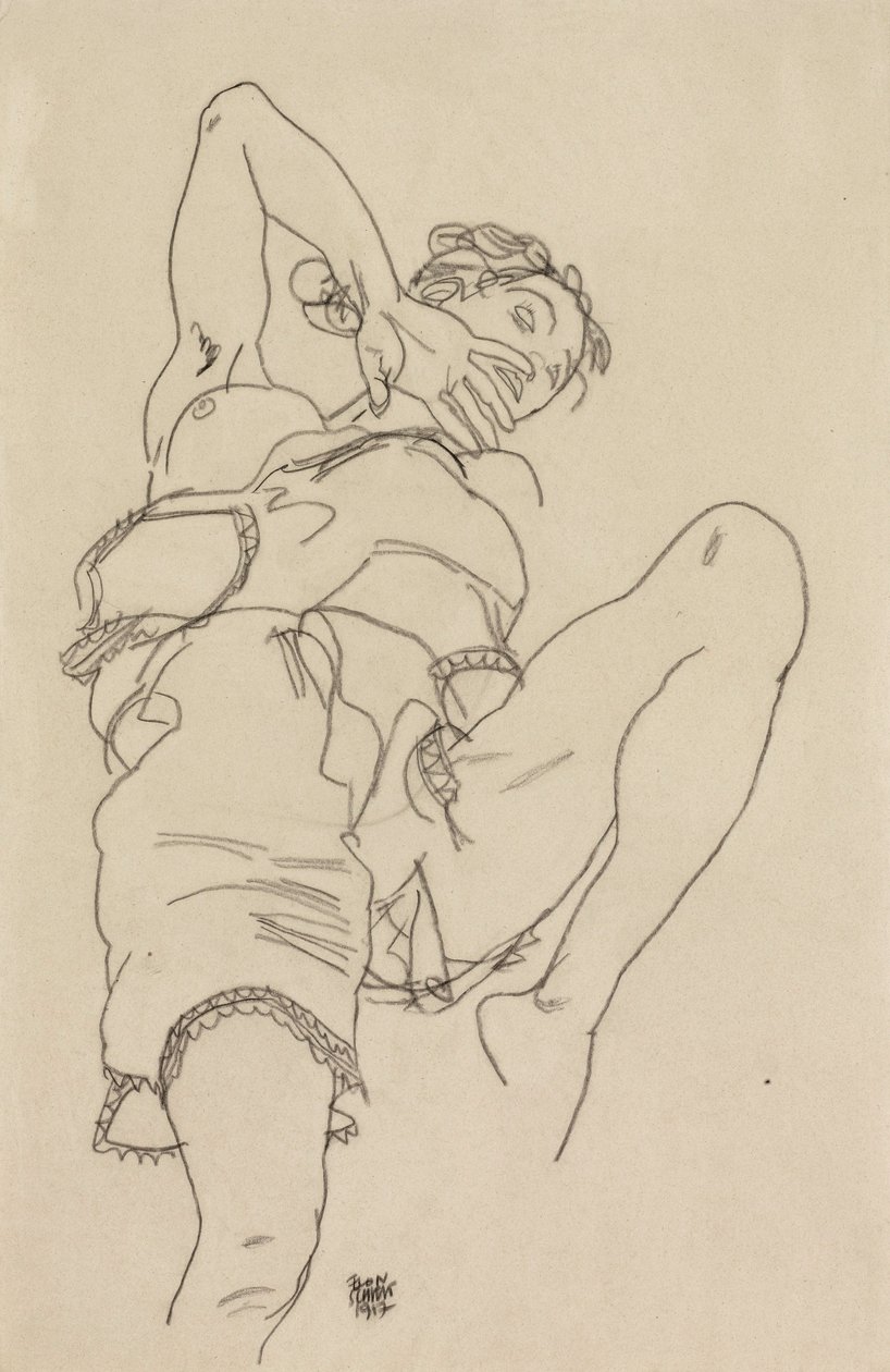 Mulher, em, roupa interior, inclinar-se trás de Egon Schiele