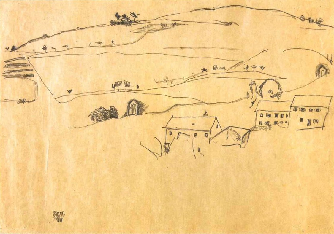 Casas na frente da colina com estações da Cruz de Egon Schiele