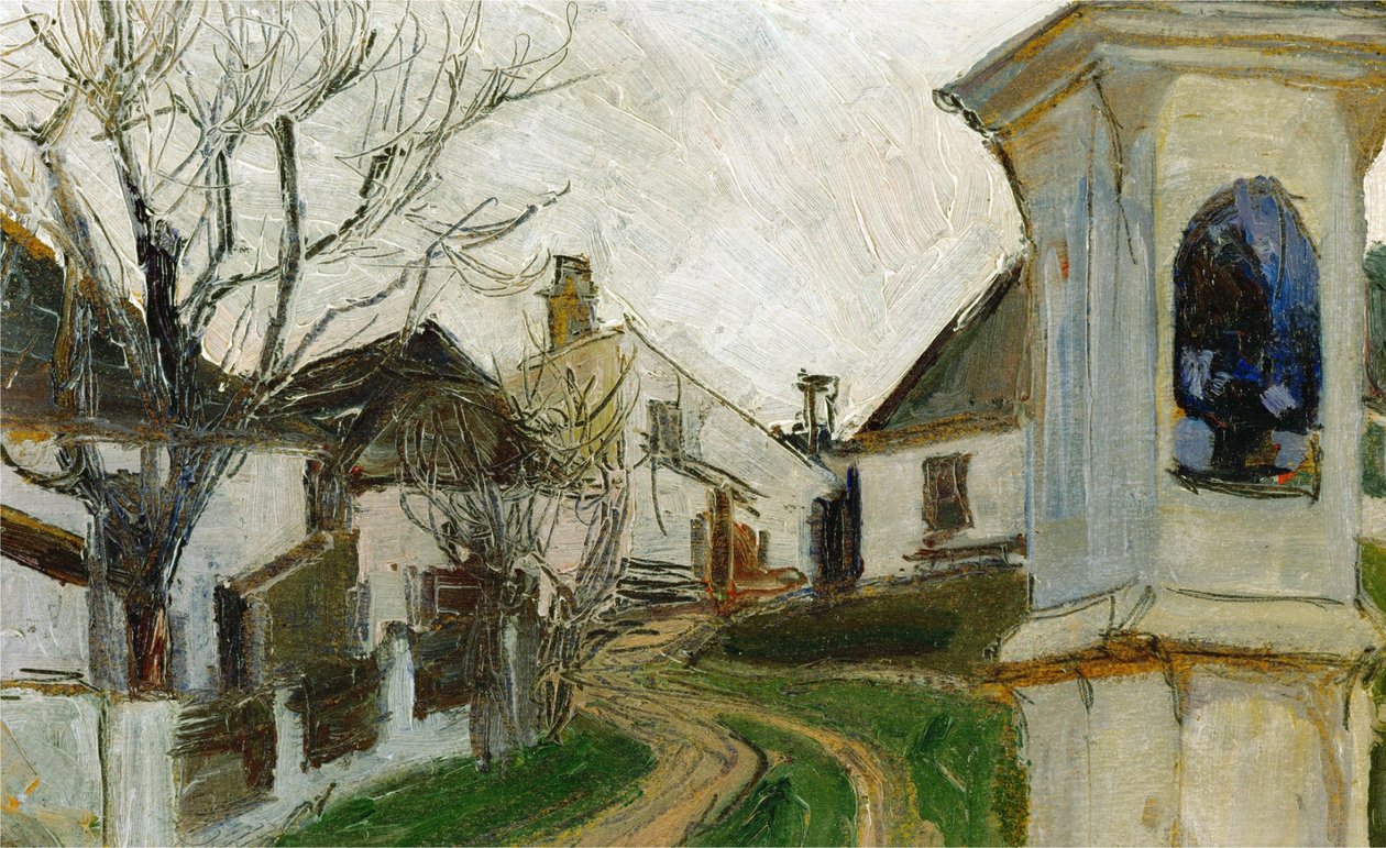 Árvores careca, casas e santuário de Egon Schiele