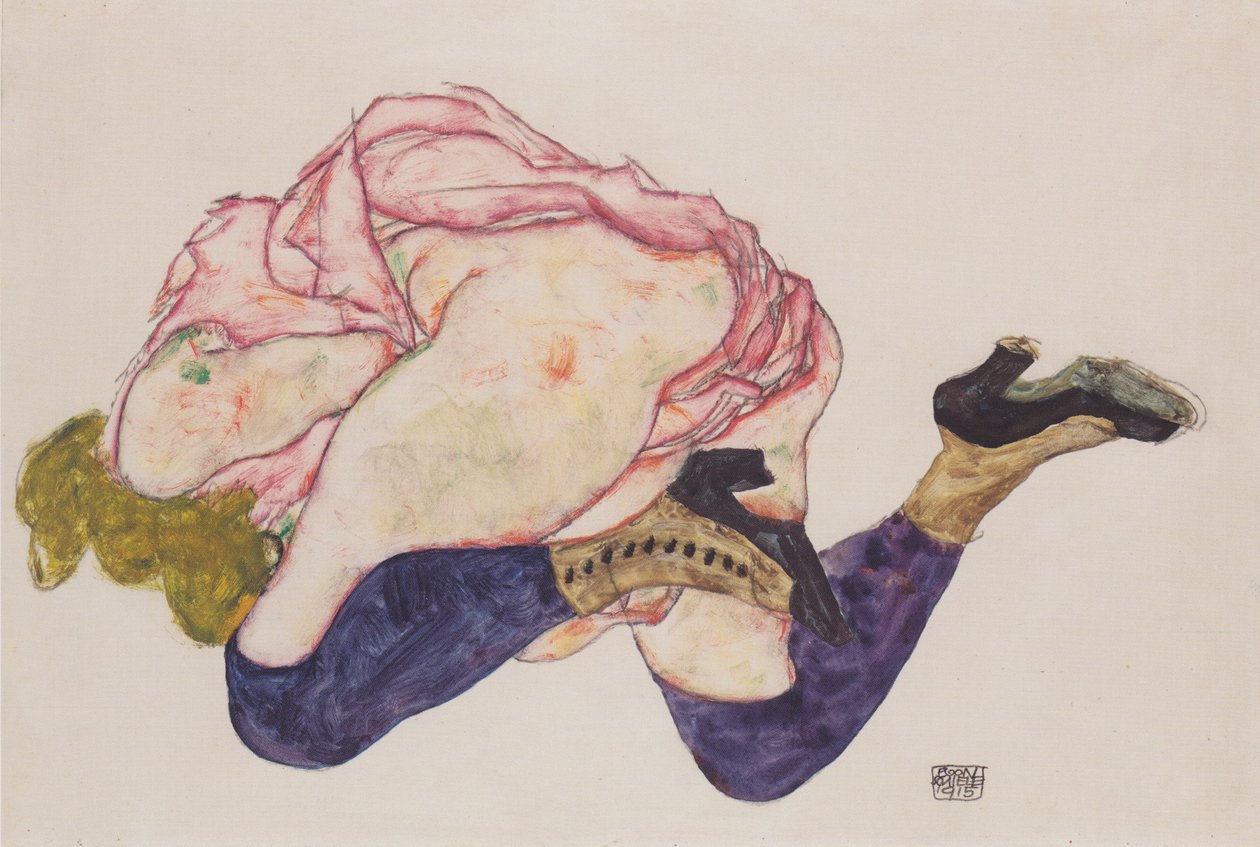 Ajoelhando-se com a cabeça inclinada para baixo de Egon Schiele