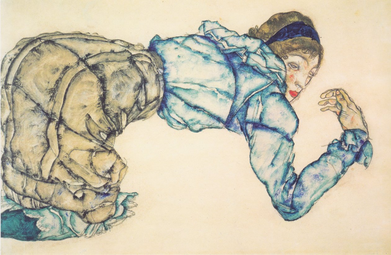 Ajoelhando-se mulher na blusa azul de Egon Schiele