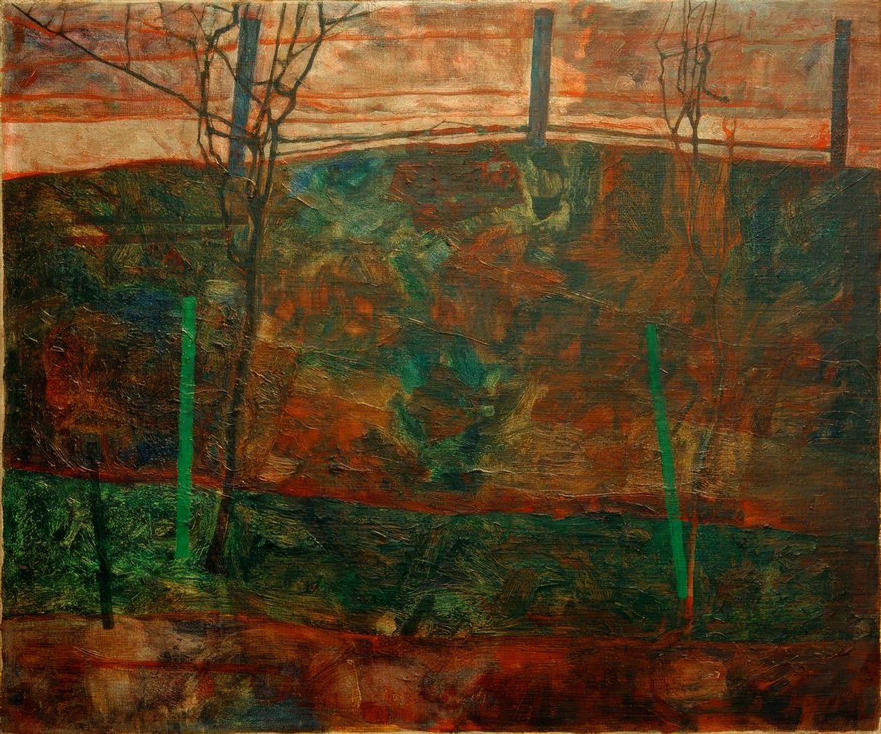 Paisagem com céu vermelho de Egon Schiele