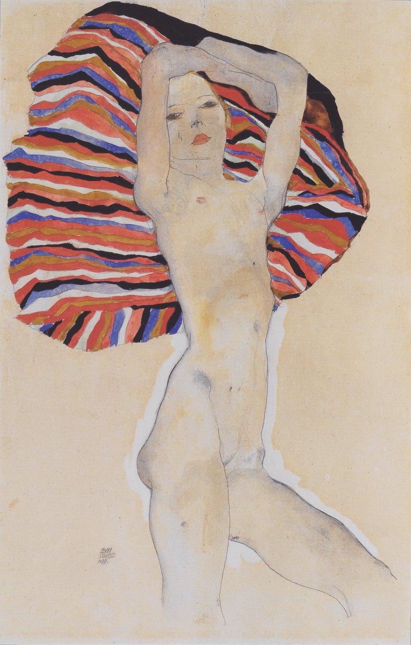 Menina nua contra toalha colorida de Egon Schiele