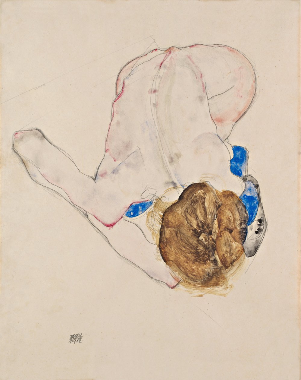 Nude com meias azuis, dobrando-se para a frente de Egon Schiele