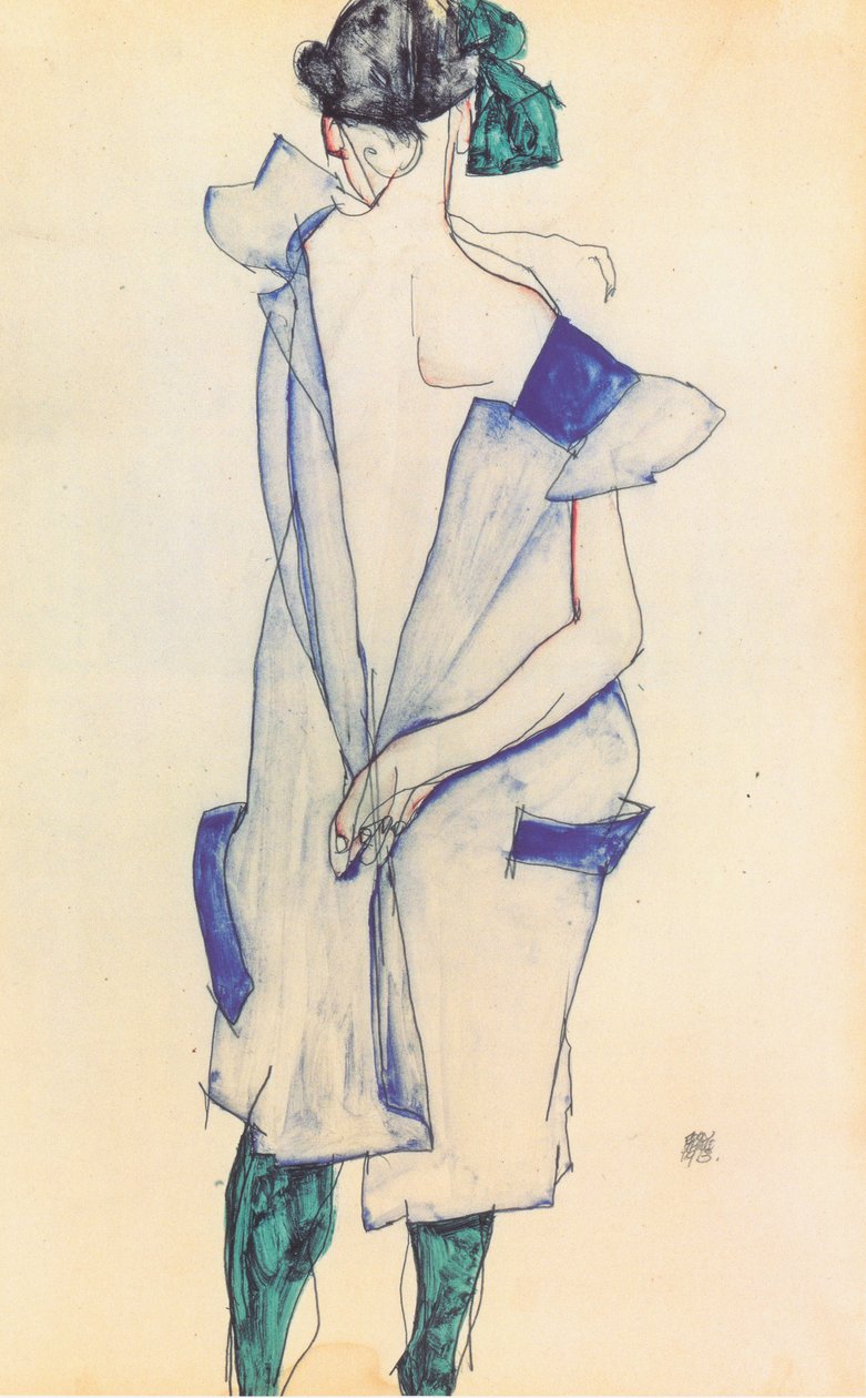 Vista traseira, de, um, menina, em, a, saia azul de Egon Schiele