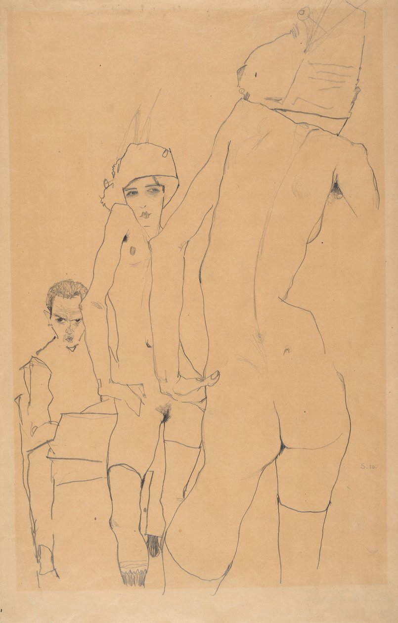 Schiele com modelo nu antes do espelho, 1910 de Egon Schiele
