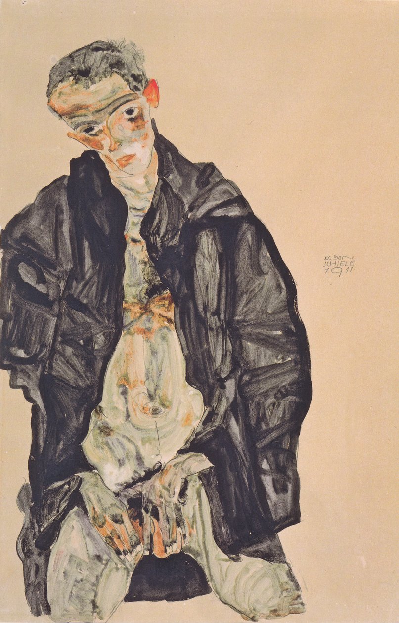 Auto-retrato como um nu em uma jaqueta preta de Egon Schiele