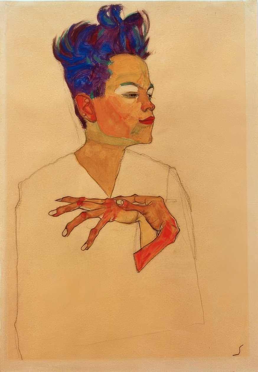 Auto-retrato com as mãos no peito de Egon Schiele