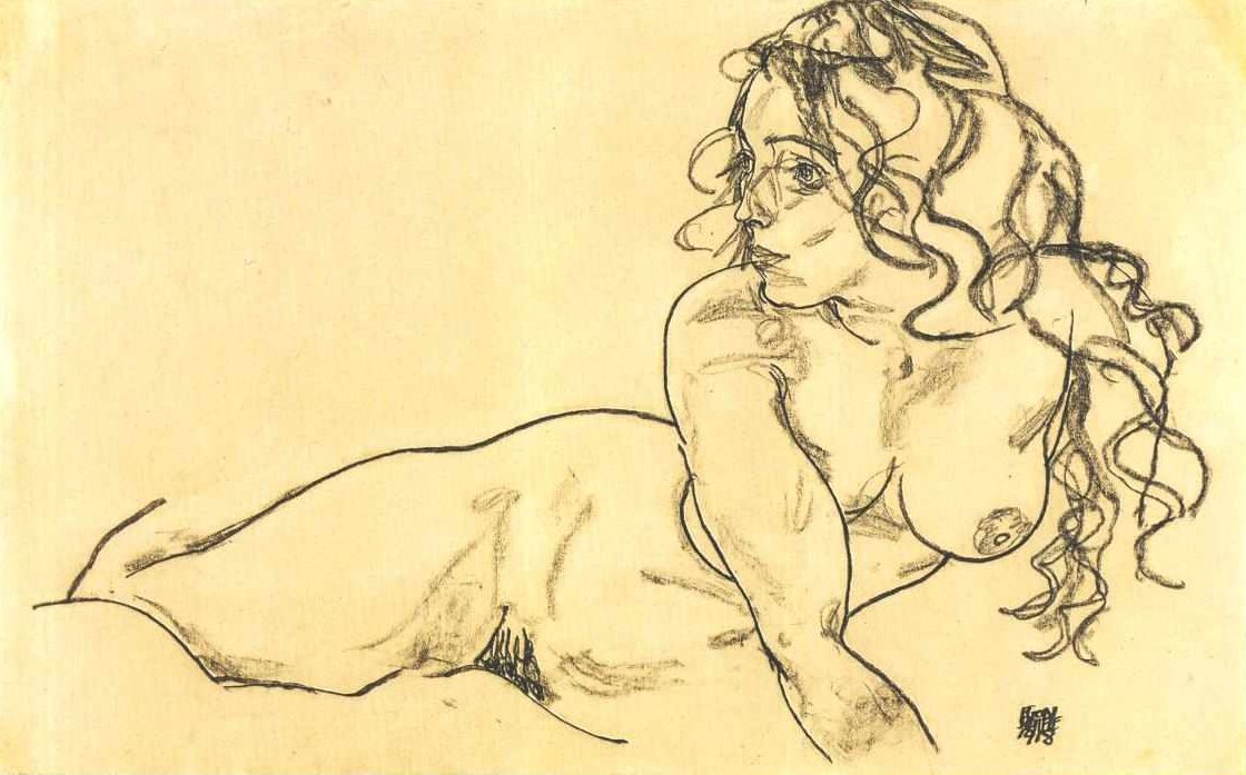 Nude fêmea de suporte com cabelos longos de Egon Schiele