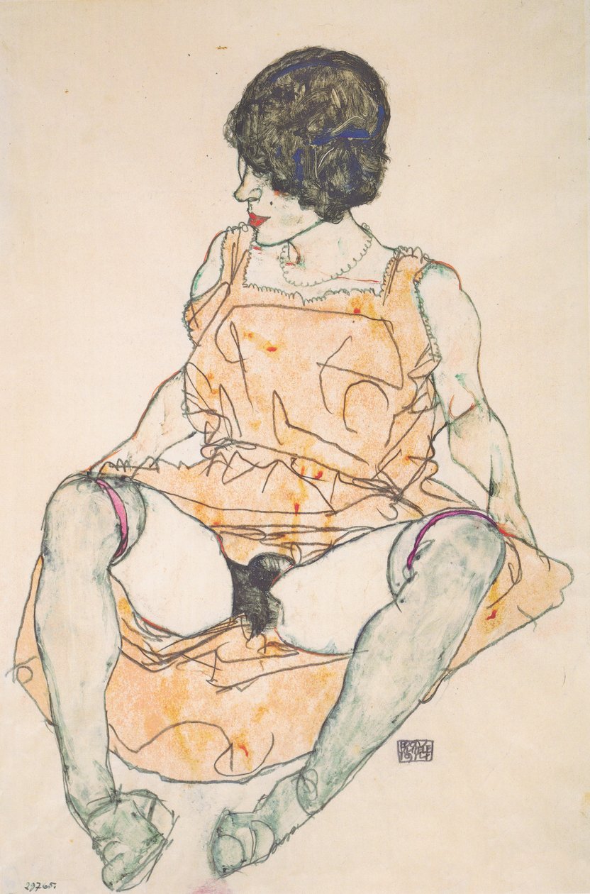 Mulher sentada com um vestido de alto de Egon Schiele