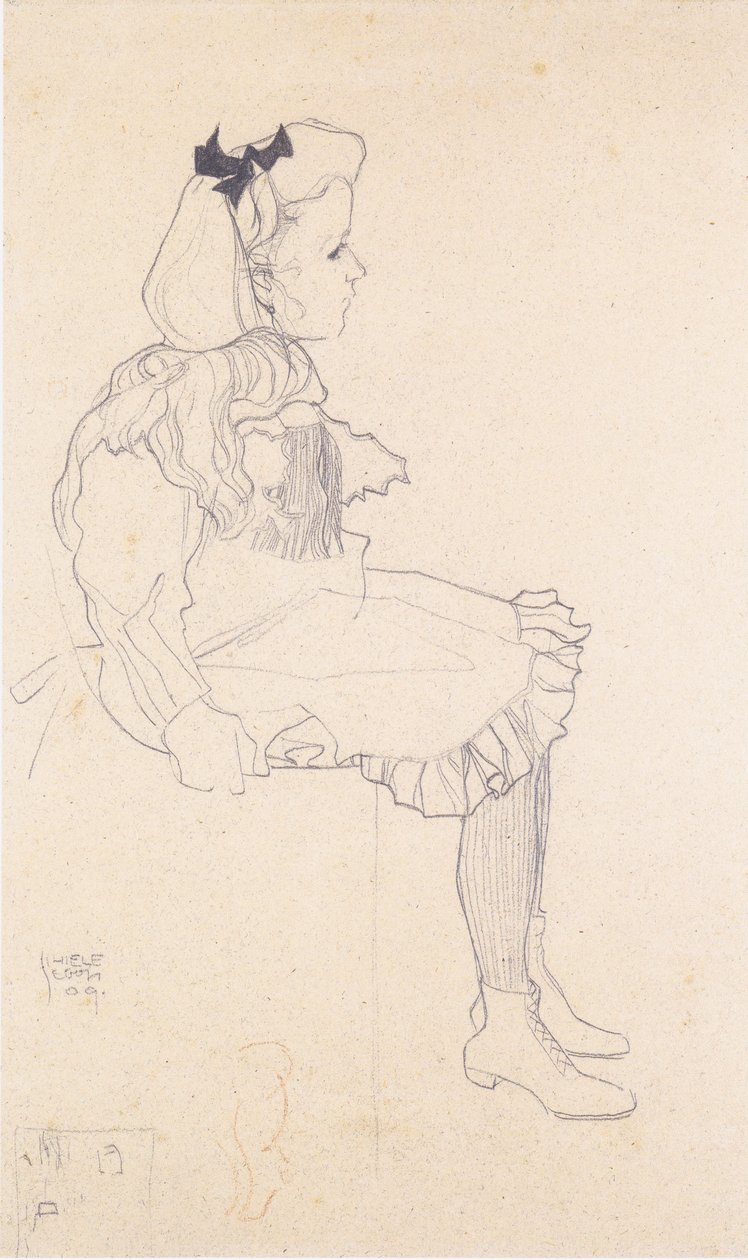 Menina sentada com bolsa de cabelo de Egon Schiele