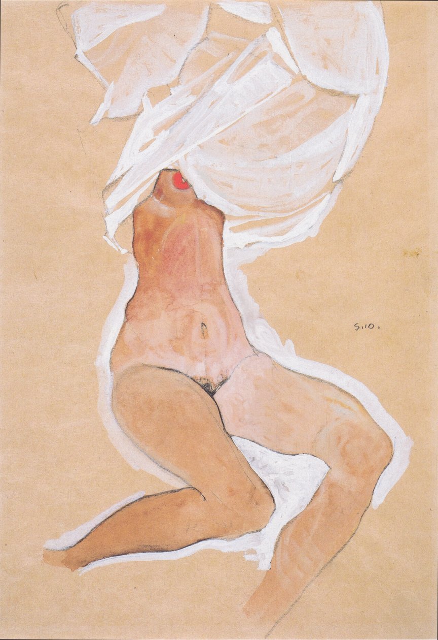 Menina sentada nua com camisa na cabeça de Egon Schiele