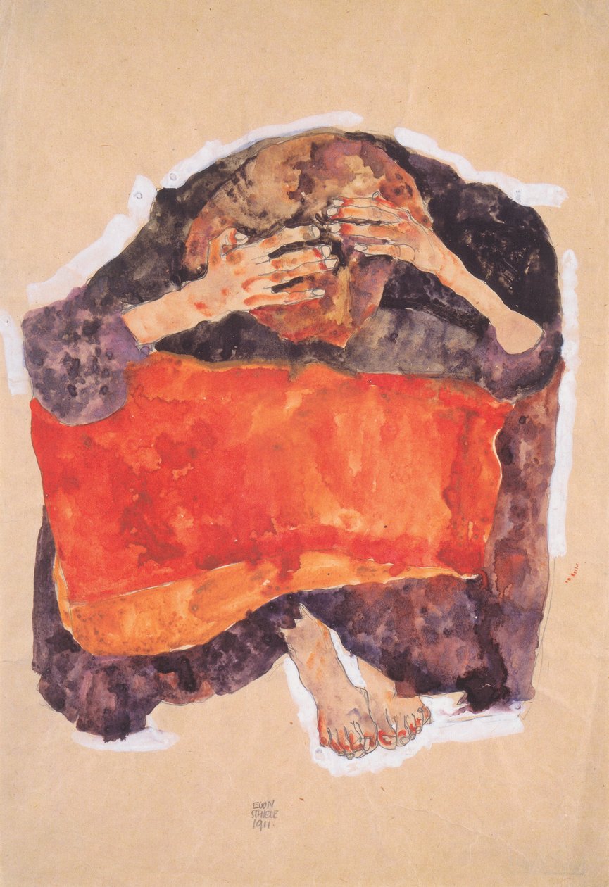 Menina sentada com a cabeça curvada de Egon Schiele