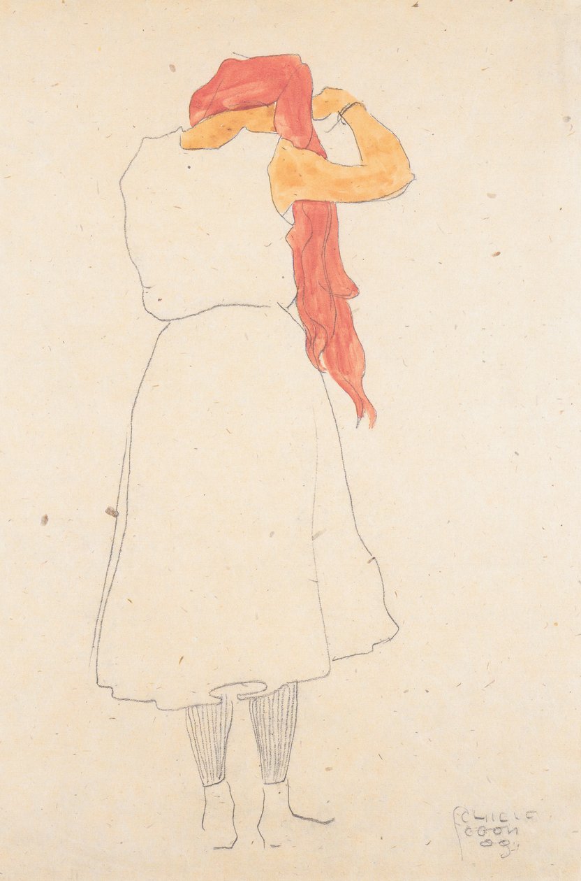 De pé enquanto penteava de Egon Schiele