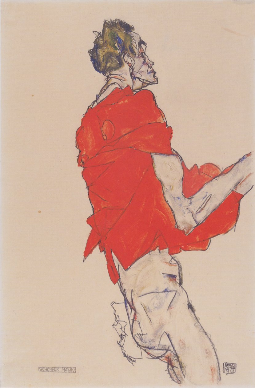 Homem em pé (auto-retrato na camisa vermelha) de Egon Schiele