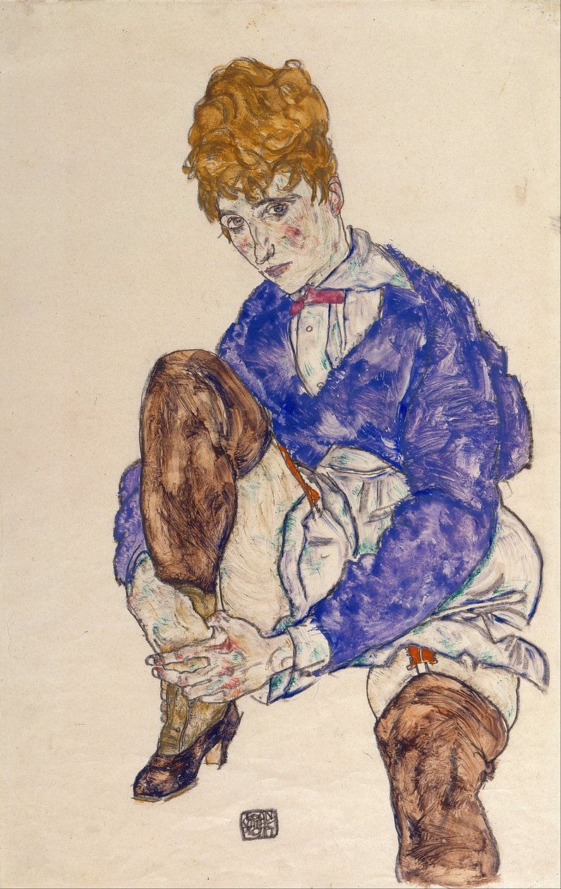 Retrato, de, a, artistas, esposa, sentada, segurando, dela, direita, perna de Egon Schiele