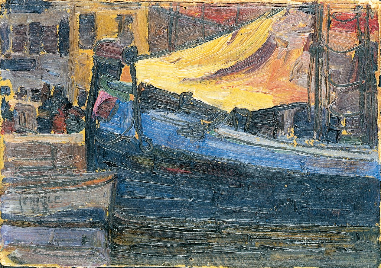 Barcos ancorados com uma parede de casa ao fundo, 1908 de Egon Schiele