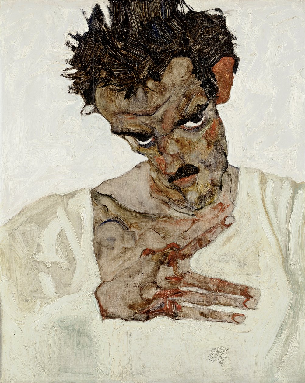 Auto-retrato com a cabeça para baixo. Pintura de Egon Schiele (1890-1918), óleo sobre madeira de Egon Schiele