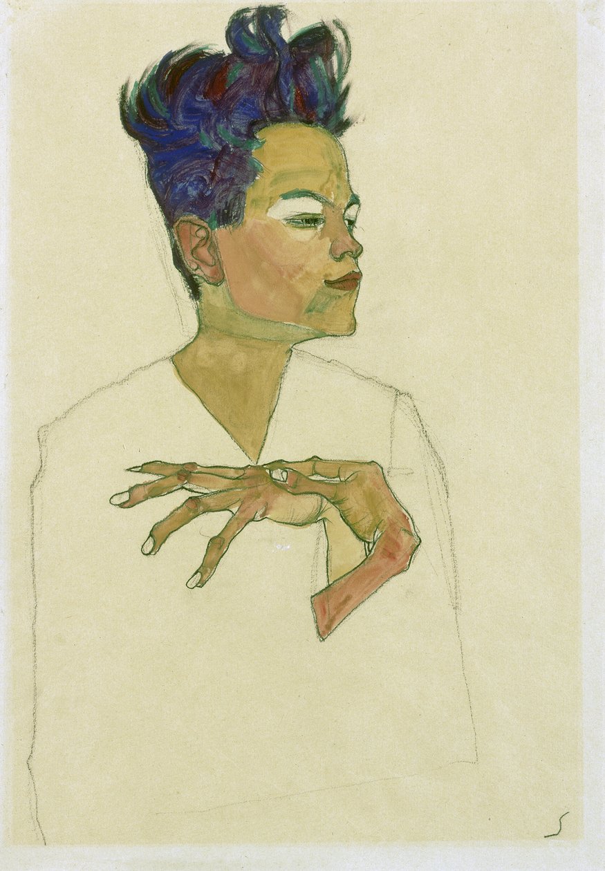 Auto-retrato com as mãos no peito. Trabalho de Egon Schiele (1890-1918), aguarela e giz sobre papel de Egon Schiele