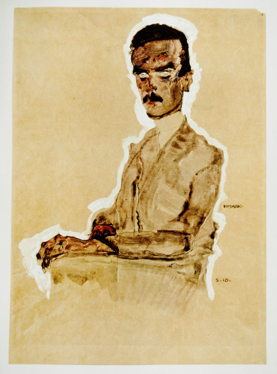 Bildnis Eduard Kosmack, sitzend -Retrato de Eduard Kosmack ... (guache, aguarela e lápis de cor preto com realce branco) de Egon Schiele