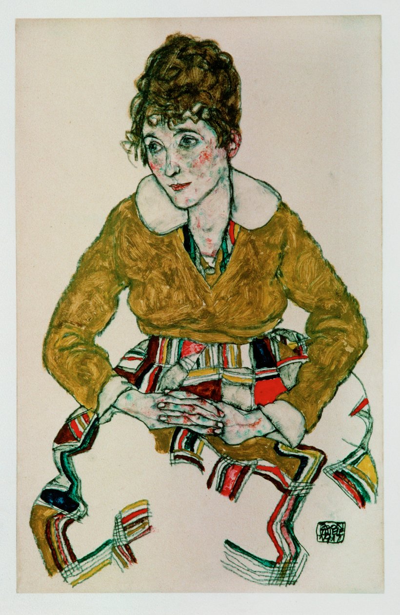 Bildnis der Gattin des Kuenstlers [Retrato da mulher do artista] (guache e lápis de cor preto) de Egon Schiele