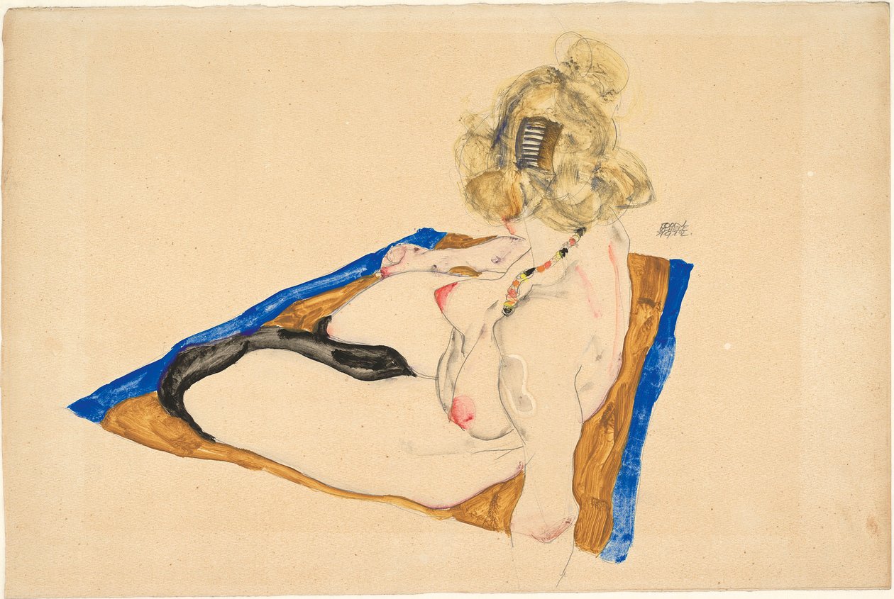 Nude loiro sentado sobre um tapete marrom com borda azul, 1912. de Egon Schiele